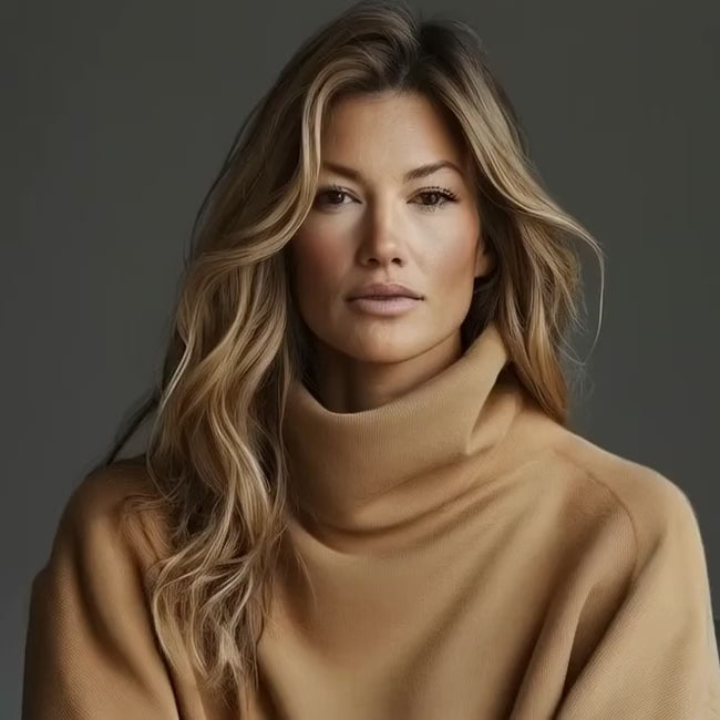 Woman is wearing a pullover and smiling ans saying hello to you